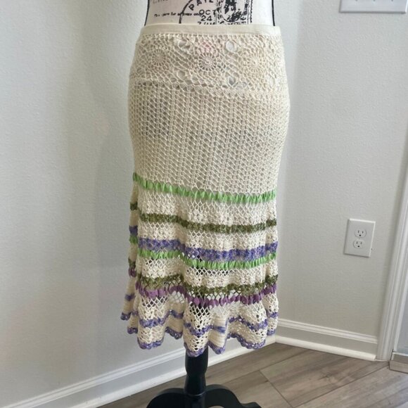 CYNTHIA STEFFE CROCHET SKIRT SZ S BOHEMIAN COTTON TAN LILAC GREEN VERSATILE CHIC - Picture 8 of 16